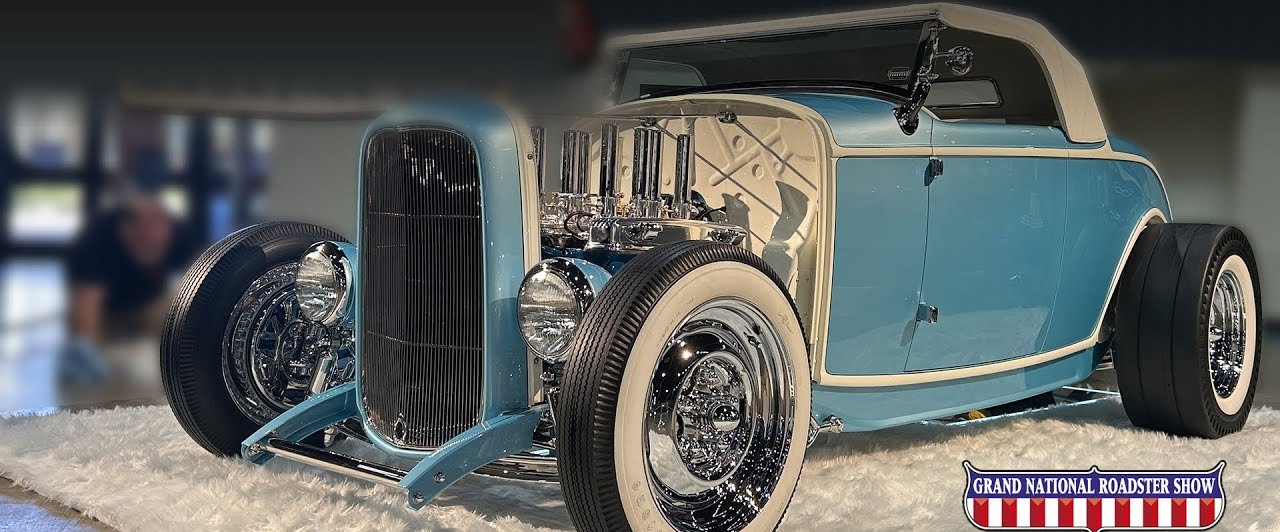 Blue Ribbon — Nicole Baird's 1932 Ford highboy roadster, the 2026 America's Most Beautiful Roadster, low front three-quarter view on the show floor