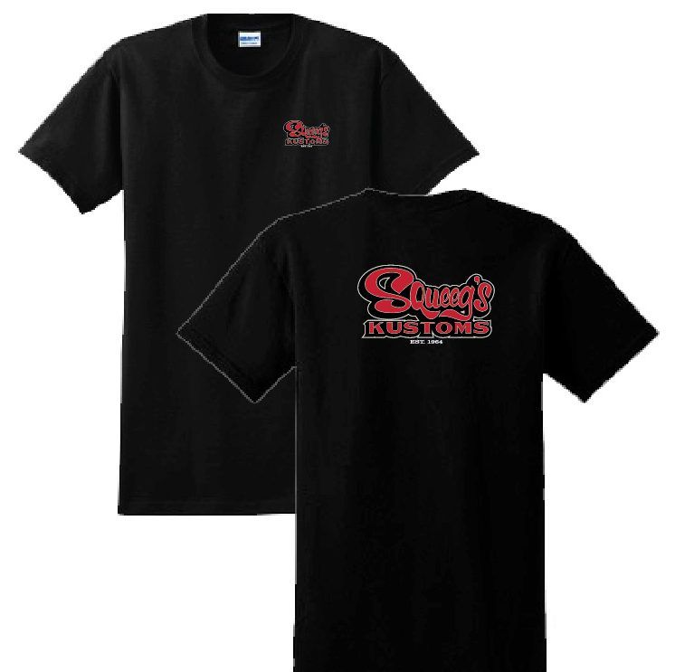 Black Squeeg’s Kustoms t-shirt with the shop’s script logo front and back