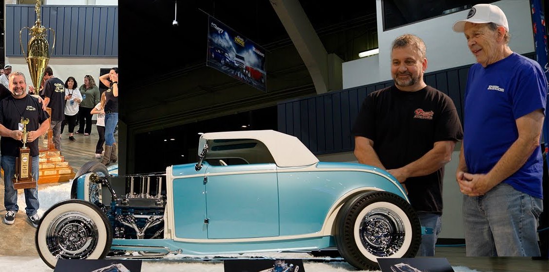 Blue Ribbon on the Grand National Roadster Show floor as the America's Most Beautiful Roadster trophy is carried in